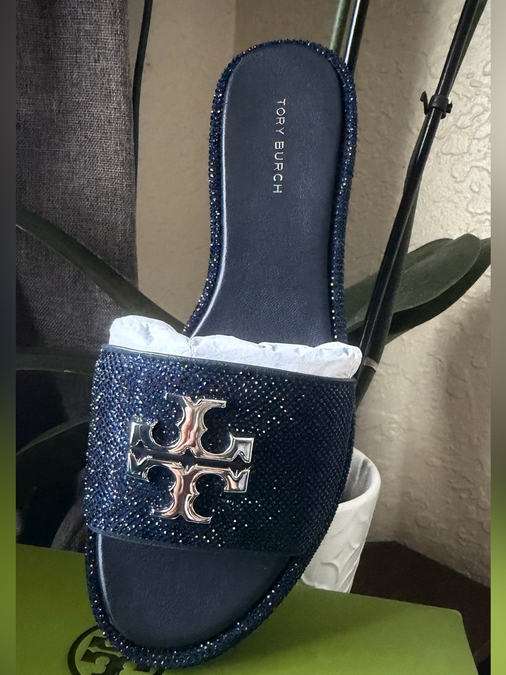 Tory Burch Navy Crystal-Embellished Slide Mule with Metallic Logo